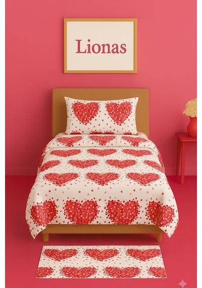 Lionas Tek Kişilik Desenli Nevresim + 1 Adet Kapaklı Yastık Kılıfı Koyu Kırmızı