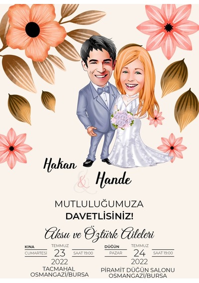 Bk Gift Kişiye Özel Karikatürlü Bitmeyen Düğün Davetiyesi Model 59