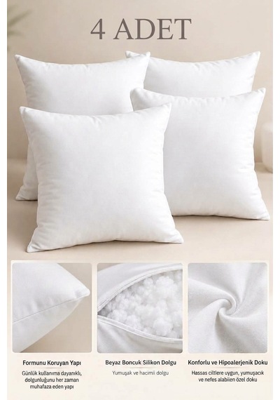 4 Adet Kırlent İç Yastık 45 X 45 Cm %100 Saf Boncuk Silikon Dolgulu