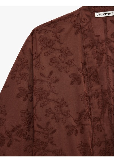 Koton Pamuklu V Yaka 3/4 Kol Nakışlı Kimono Kahverengi 6sal50005ıw Kahve