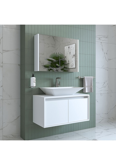 Banos Banyo Roomart Tm7.2 Mat Beyaz Mdf 85 Cm Banyo Dolabı + Ayna Mat Beyaz