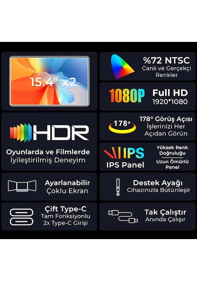 Npo Npm20 30 MS 60 Hz 15.4" FHD 1080p Ips Type-c Taşınabilir Dizüstü 2'li Monitör Çoklayıcı Notebook Monitör