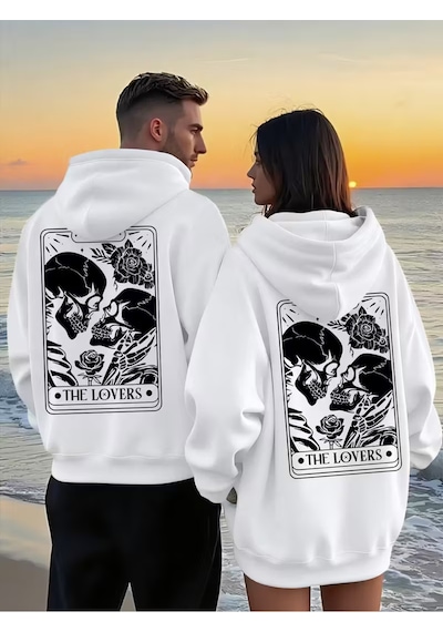 Nevermind Sevgili Çift Kombini 2 Li The Lovers Baskılı Unisex Oversize Swea Beyaz