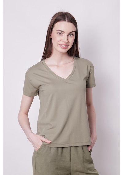 Jument Kadın V Yaka Kısa Kol Likralı Span Kumaş Şık T-shirt Bluz-haki Haki