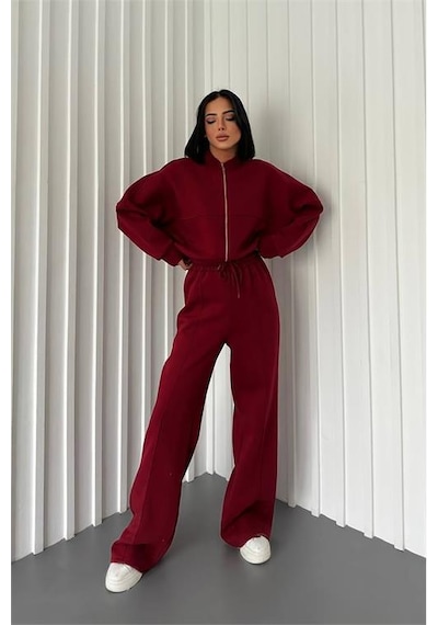 Neşeli Butik Kadın Şardonlu Üç İplik Eşofman Takımı Gts018 - Bordo Bordo