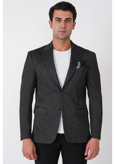 Slim Fit Sivri Yaka Çift Yırtmaçlı Esnek Yünlü Siyah Ceket C 746