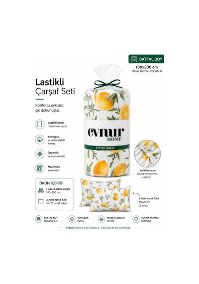 Evnur Home Limonlu Lastikli Çarşaf Seti Battal Boy Çok Renkli