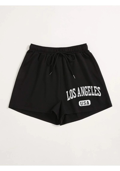 Letter Graphic Drawstring Şort Siyah