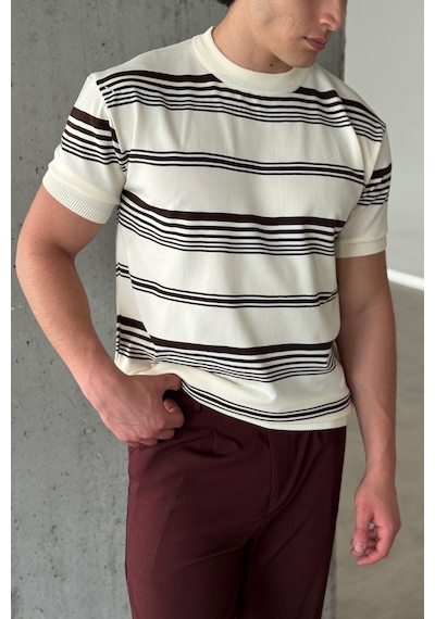 Erkek Bisiklet Yaka Oversize Çizgili Triko T-shirt Ekru
