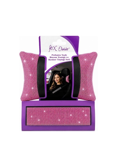 Işıltılı Pırlanta Taşlı Ergonomik Boyun Yastığı Ve Konforlu Emniyet Kemer Süngeri Seti Üniversal Pembe