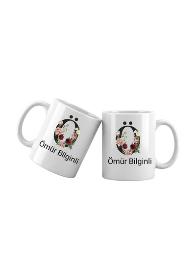 Ö Harfli Kişiye Özel İsimli Porselen Kupa Bardak Çiçekli Monogram Harf Tasarımlı İsim Yazılı Kişiselleştirilebilir Hediye Kupa Beyaz