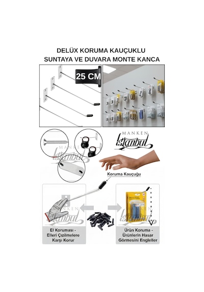 Suntaya Duvara Monte Kanca Koruma Kauçuklu 25 Cm Deluxe Ekstra Güçlü Raf Askısı 65 Adet Krom