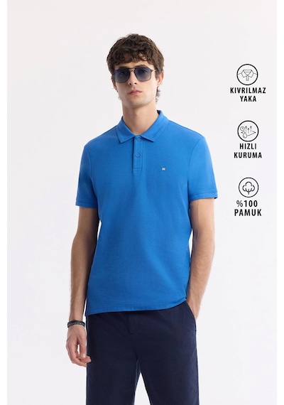 Avva Erkek Saks Kıvrılmaz Polo Yaka %100 Pamuk Basic Regular Fit T-shirt B001032 Saks Mavi