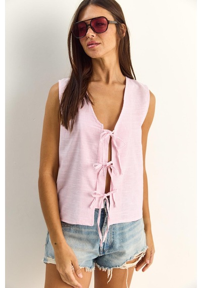 Shade Kadın %100 Pamuk Kalın Askılı Önden Bağlama Detaylı Çizgili Peplum Bluz 60282045 - Beyaz-pembe Çok Renkli