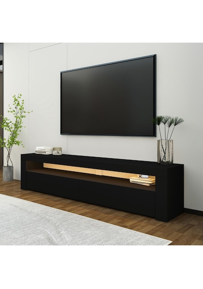 Batı Led Işıklı 2 Kapaklı TV Sehpası 150 cm Minimal Tasarım, Ahşap siyah