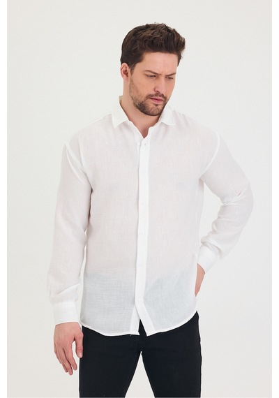 Cool Tarz Erkek Slim Fit Dar Kalıp Uzun Kol Pamuklu Keten Efekt Gömlek Beyaz Beyaz