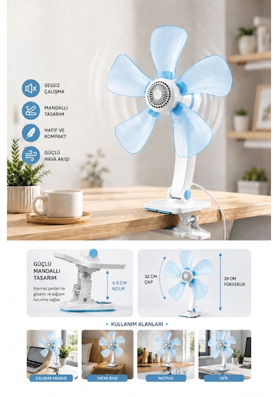 Waldern Taşınabilir, Sessiz Akrobat - Klipsli Fan - Masa Üstü Mavi Vantilatör - 32 Cm & 180 Eğim