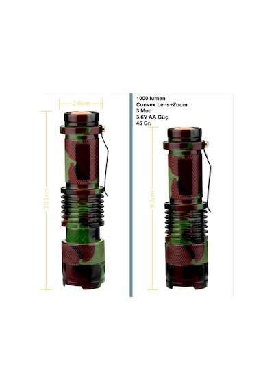 Omeniv Kamuflaj El Feneri 1000 Lümen Zoom Deprem Outdoor Kamp Çok Renkli