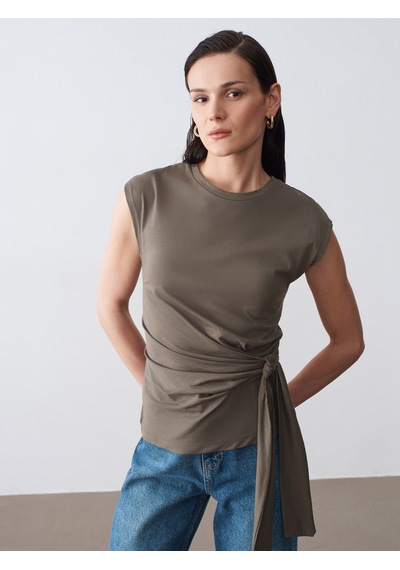 Dilvin 32724 %100 Pamuk Bağlama Detaylı T-shirt-haki