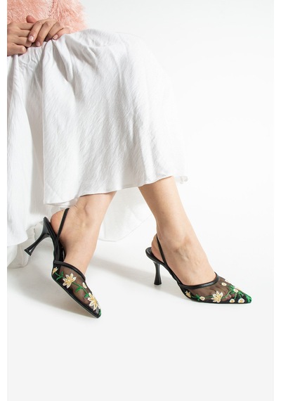 Lebibe Shoes Daısy Çiçek İşlemeli Tül Dokulu 7cm Bantlı Siyah Topuklu Ayakkabı