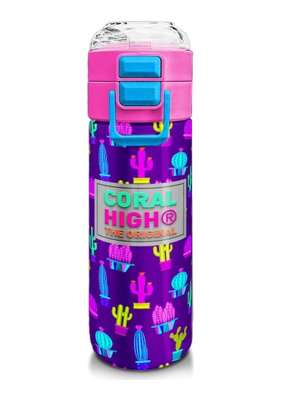 Coral High Kız Çocuk İçin 500 Ml'lik Paslanmaz Çelik Termos/suluk - Mor Pembe Kaktüs Desenli Çok Renkli