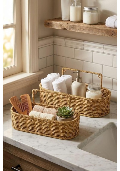 Tr 2'li Duvar Askılı Oval Plastik Rattan Organizer Sepeti, Hasır Görünümlü Banyo Ve Mutfak Raf Düzenleme Ünites Genel