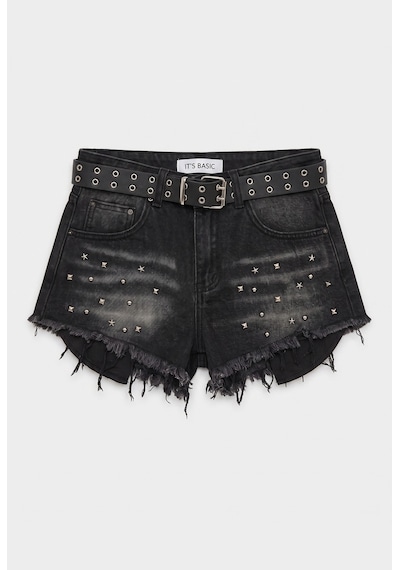 it's basic Kadın Siyah Kot Rengi Droplu Kemerli Özel Tasarım Denim Şort