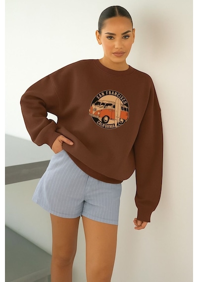 Benroma 3 İplik Penye Unisex San Francısco Baskılı Sweat Kahve