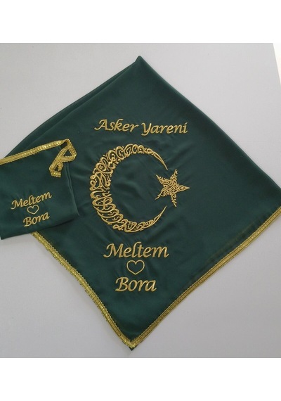 İsimli Asker Yareni Ayyıldız Nakış Işlemeli Kına Asker Omuz Şalı Atkısı Örtüsü Isme Özel