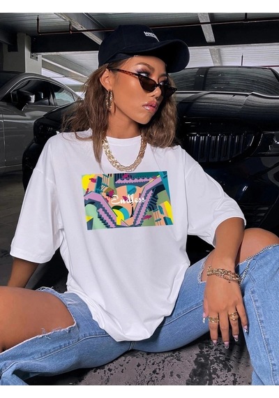 Startmore Kadın Siyah Oversize %100 Pamuk Endless Baskılı T-shirt Beyaz