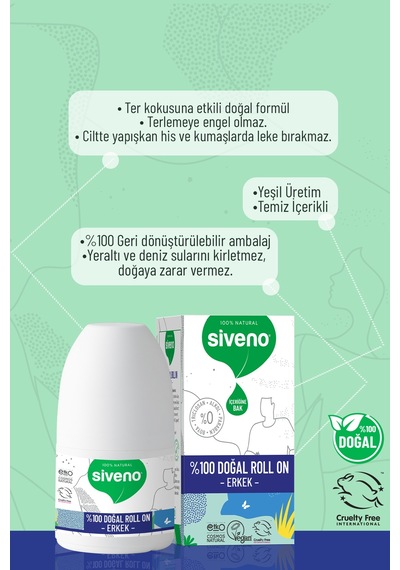 Siveno %100 Doğal Roll-on Erkek Deodorant Ter Kokusu Önleyici Bitkisel Leke Bırakmayan Vegan 50 Ml X 2 Adet