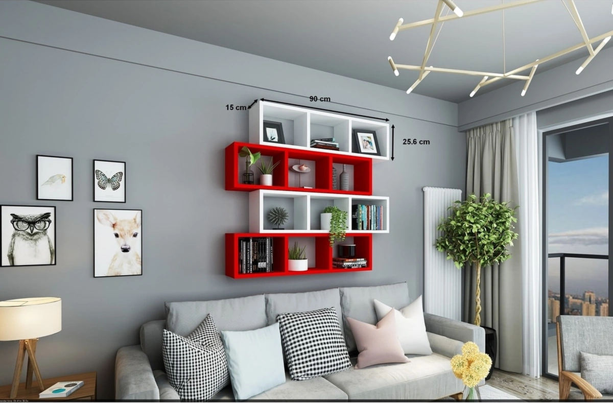 Kitaplık Lux Yatay Duvar Rafı Kırmızı Beyaz 4 Lü Takım Kırmızı Beyaz