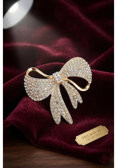 Gold Renk Zirkon Taşlı Fiyonk Model Broş Altın