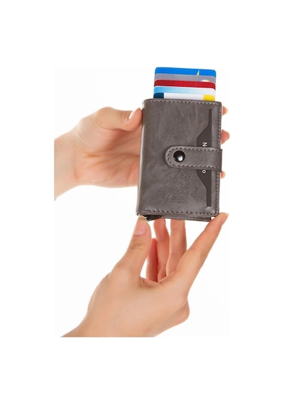 Newish Polo Deri Rfıd Koruyucu Alüminyum Otomatik Mekanizma Kartlık Ve Cüzdan New068 Gri