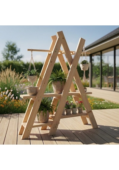 Dekoratif Ahşap Piramit Çiçeklik - 3 Katlı Bahçe Ve Balkon Saksı Standı - 120x120 Cm Bej