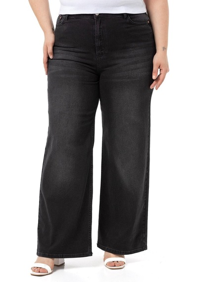 Disentis Büyük Beden Yüksek Bel Geniş Paça Siyah Denim Pantolon-siyah Siyah