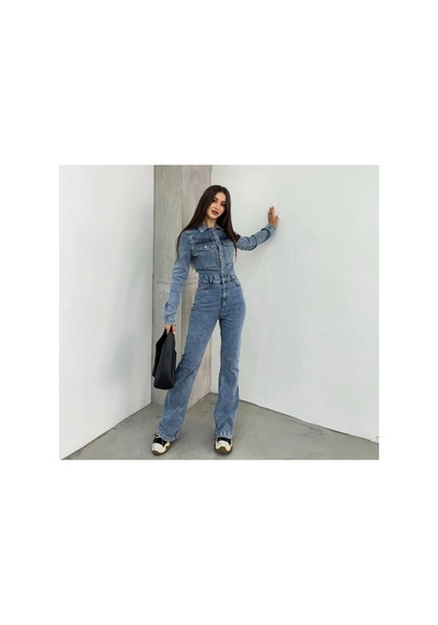 Kene Jeans Uzun Ceketli Taş Yıkama İspanyol Paça/flare Esnek Denim Tulum Taş