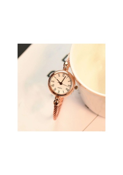 Rose-beyaz Ince Bileklik Yuvarlak Vintage&retro Saat Siyah - Sarı