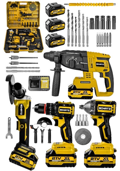 Schatz 21v Darbeli Kömürsüz Kırıcı Delici Hilti & Taşlama & Matkap & Somun Sıkma Sökme 4'lü Set Sarı
