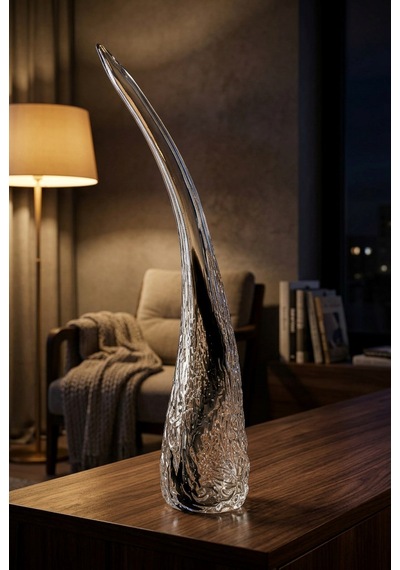 43 Cm Kristal Obje - El Yapımı Modern Organik Cam Heykel Şeffaf & Siyah