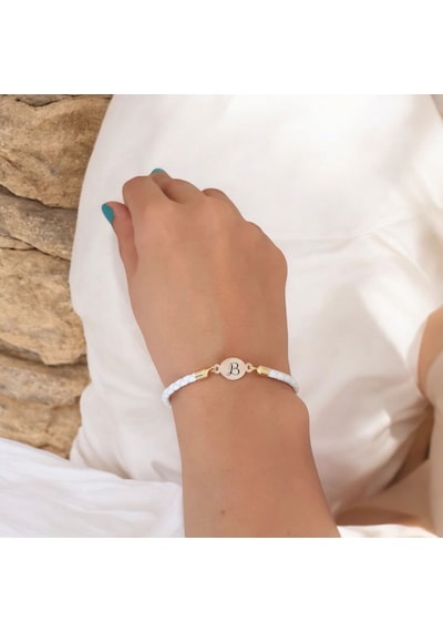 B Harfine Özel Oval Motifli 14 Ayar Altın Plakalı Doğal Beyaz Derili Hediye Bileklik-529harf B