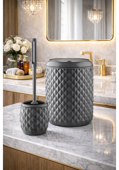 Ananas Desenli 2 Li Banyo Kovası Ve Tuvalet Fırçası Seti Gri