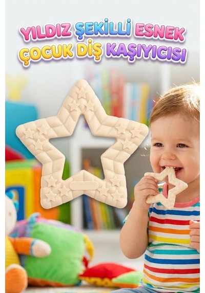Yıldız Şekilli Esnek Bpa İçermeyen Kabartılı Pastel Renkli Oyuncak Bebek Diş Kaşıyıcısı Krem