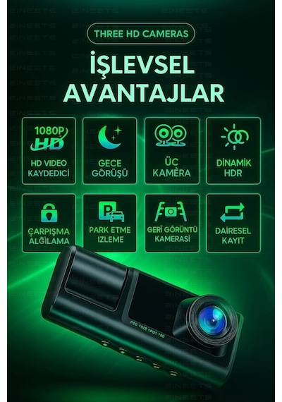 Wifi 1080p Araç İçi 3 Kameralı Lcd Ekranlı Gece Görüşlü , G-sensör , Geri Görüş Kamera