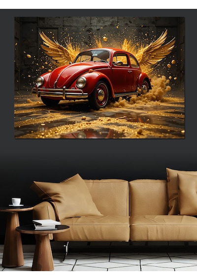 Altın Volkswagen Beetle Dekoratif Kanvas - Mdf Ahşap Tablo