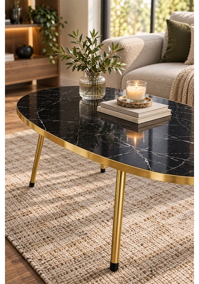 Sulorahome Gold Ayaklı Oval Mermer Desenli Orta Sehpa Siyah