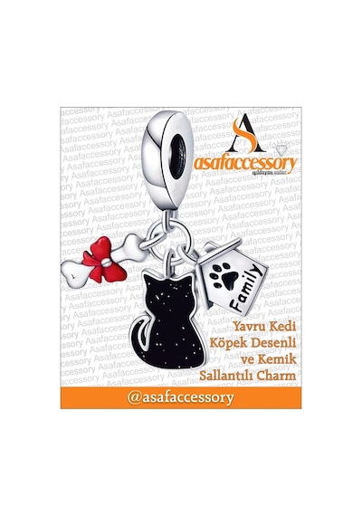 Yavru Kedi Family , Kemik Sallantılı Charm Asafaccessory Gümüş