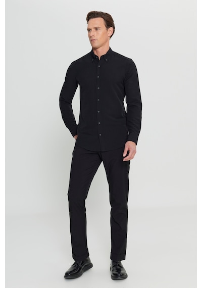 AC&Co / Altınyıldız Classics  Erkek Sıyah Slim Fit Dar Kesim Düğmeli Yaka Armürlü Gofre Desenli Gömlek Siyah