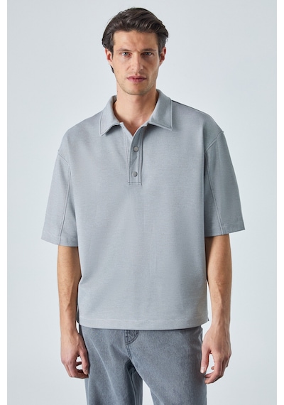 Grimelange Jucka Erkek Kısa Kollu Çıtçıt Kapamalı Oversize Fit Polo Yaka Gri T-shirt Gri