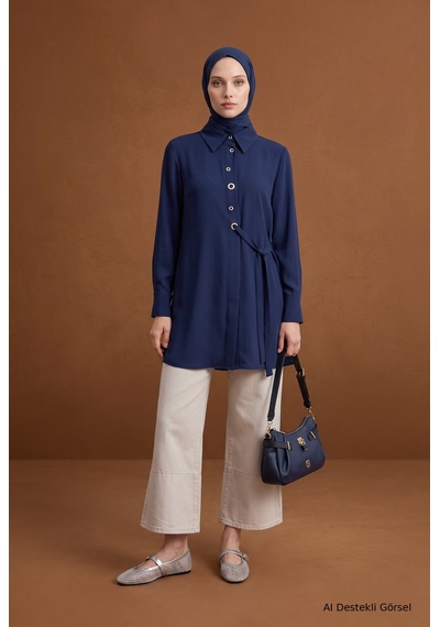 Armine Trend Gömlek Yaka Kuşgözü Detaylı Kuşaklı Tunik 91 Cm Boy Lacivert 26kt431